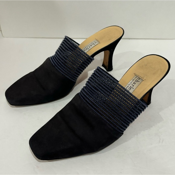 CHARLES DAVID Women’s Vintage Knit Navy & Tan Slip On Mules Heels Shoes - size 7 - Picture 3 of 5